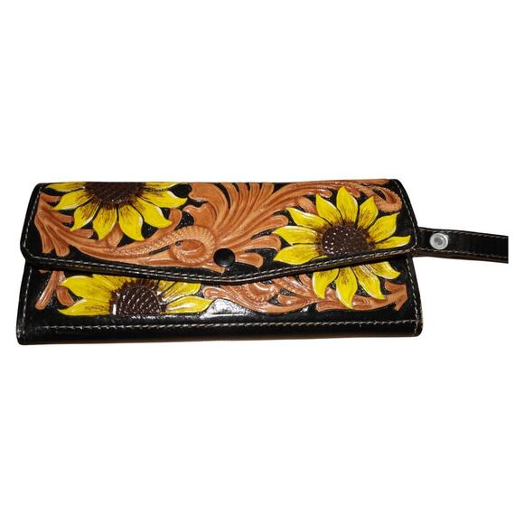 Hand Tooled Leather Sunflower Wallet Wristlet Black Brown Floral Western Boho - Picture 4 of 14